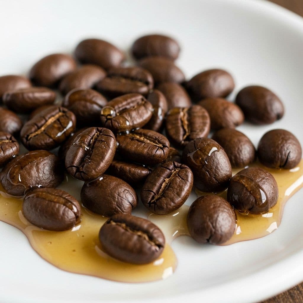 Premium honey-infused Salvadoran coffee beans with golden honey drizzle, showcasing the unique processing method